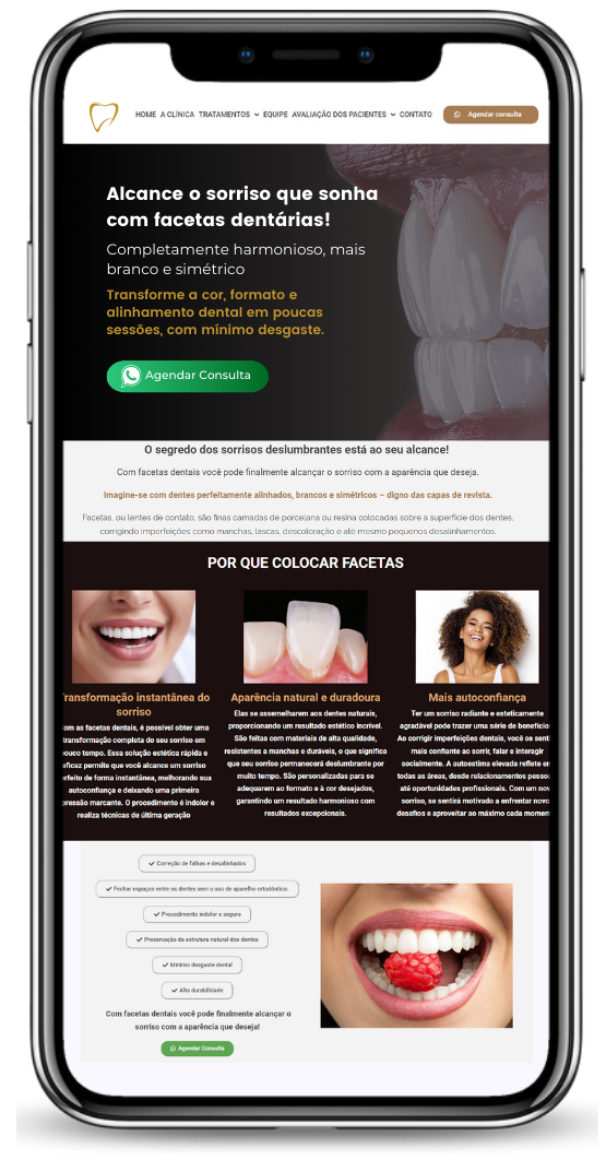 Exemplo de página de facetas dentárias criada pela INsitesweb, vista no celular